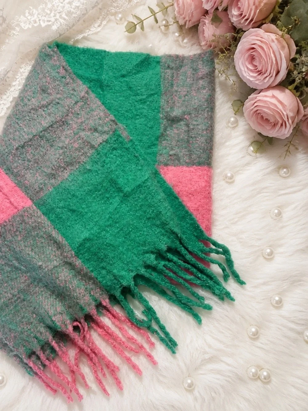 Plaid Fringe Scarf in Pink and Green